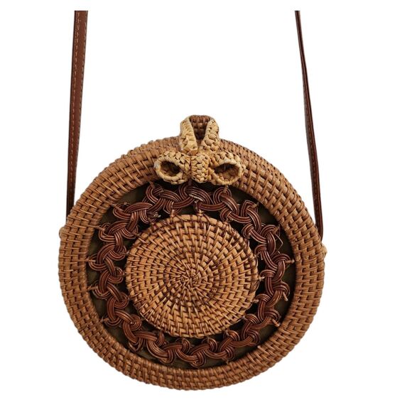 Antik Kraft Crossbody‎ Bag Round Straw Brown Wicker Rattan Handwoven Beach Boho - Picture 1 of 11